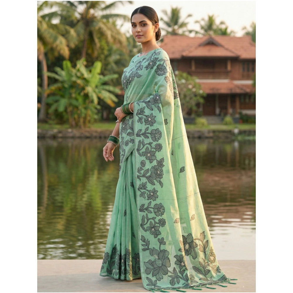 Women's Linen Cotton Printed Saree With Unstitched Blouse 5.5Mtr (Rama Green)