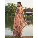 Women's Linen Cotton Printed Saree With Unstitched Blouse 5.5Mtr (Orange)