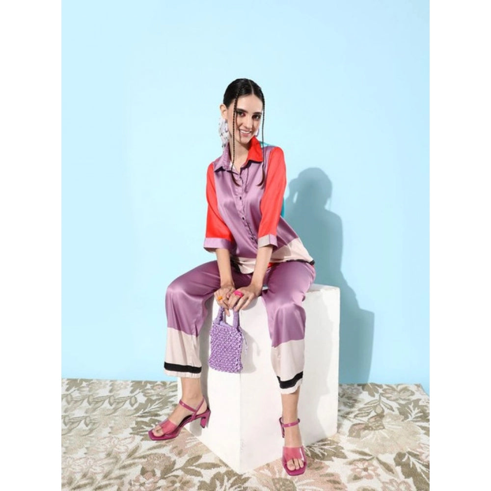 Women's Satin Colour Block Long Sleeves Co-Ord Set (Multicolor)