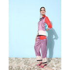 Women's Satin Colour Block Long Sleeves Co-Ord Set (Multicolor)