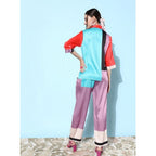 Women's Satin Colour Block Long Sleeves Co-Ord Set (Multicolor)