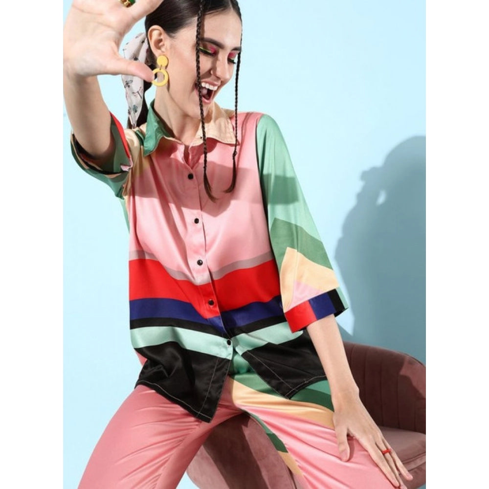 Women's Satin Colour Block Long Sleeves Co-Ord Set (Multicolor)