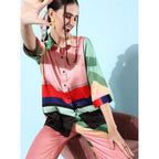Women's Satin Colour Block Long Sleeves Co-Ord Set (Multicolor)