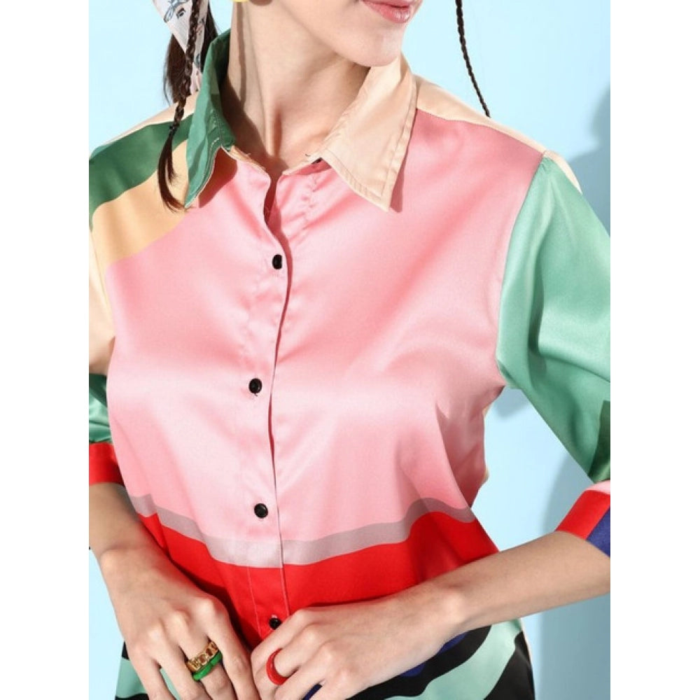 Women's Satin Colour Block Long Sleeves Co-Ord Set (Multicolor)