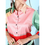 Women's Satin Colour Block Long Sleeves Co-Ord Set (Multicolor)