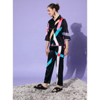 Women's Satin Colour Block Long Sleeves Co-Ord Set (Multicolor)