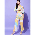 Women's Polyester Colour Blocking 3-4th Sleeve Co-Ord Set (Multicolor)