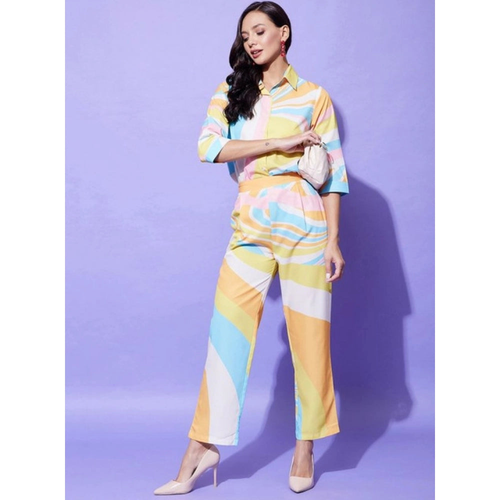 Women's Polyester Colour Blocking 3-4th Sleeve Co-Ord Set (Multicolor)