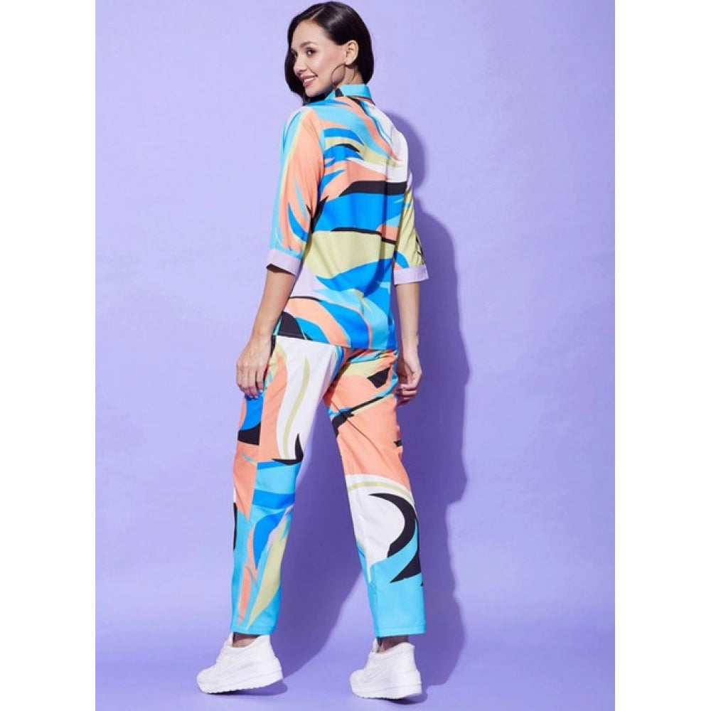 Women's Polyester Colour Blocking 3-4th Sleeve Co-Ord Set (Multicolor)