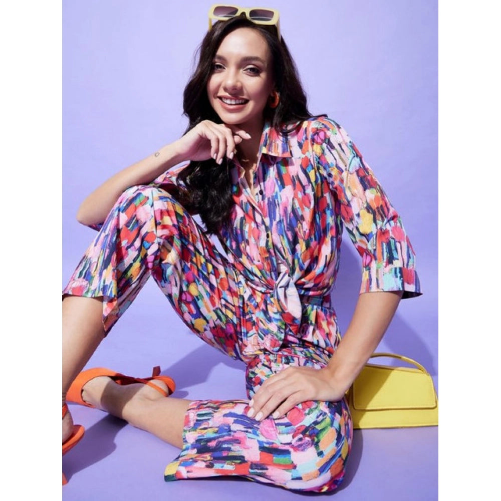 Women's Polyester Floral 3-4th Sleeve Co-Ord Set (Multicolor)