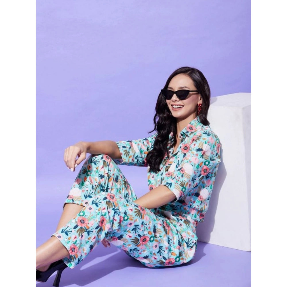 Women's Polyester Floral 3-4th Sleeve Co-Ord Set (Multicolor)