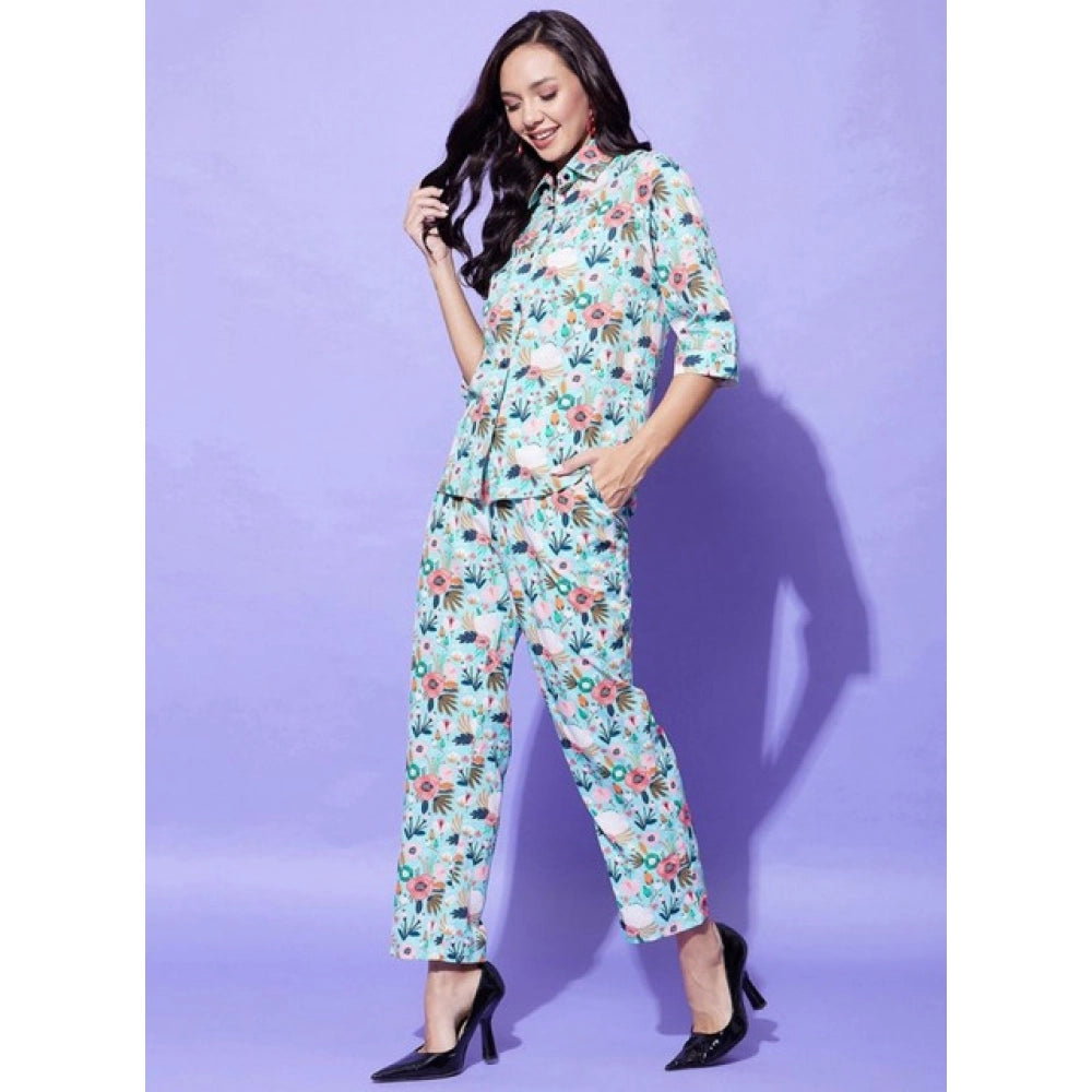 Women's Polyester Floral 3-4th Sleeve Co-Ord Set (Multicolor)