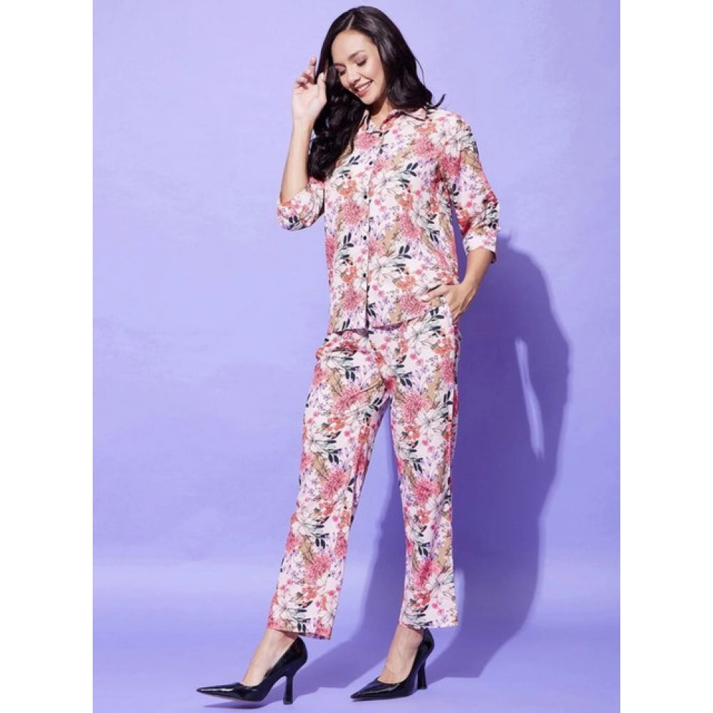 Women's Polyester Floral 3-4th Sleeve Co-Ord Set (Multicolor)