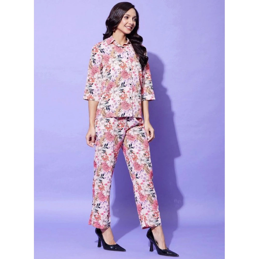 Women's Polyester Floral 3-4th Sleeve Co-Ord Set (Multicolor)