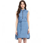 Women's Denim Solid Sleeveless Dress (Blue)