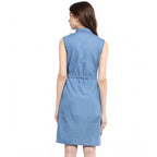Women's Denim Solid Sleeveless Dress (Blue)