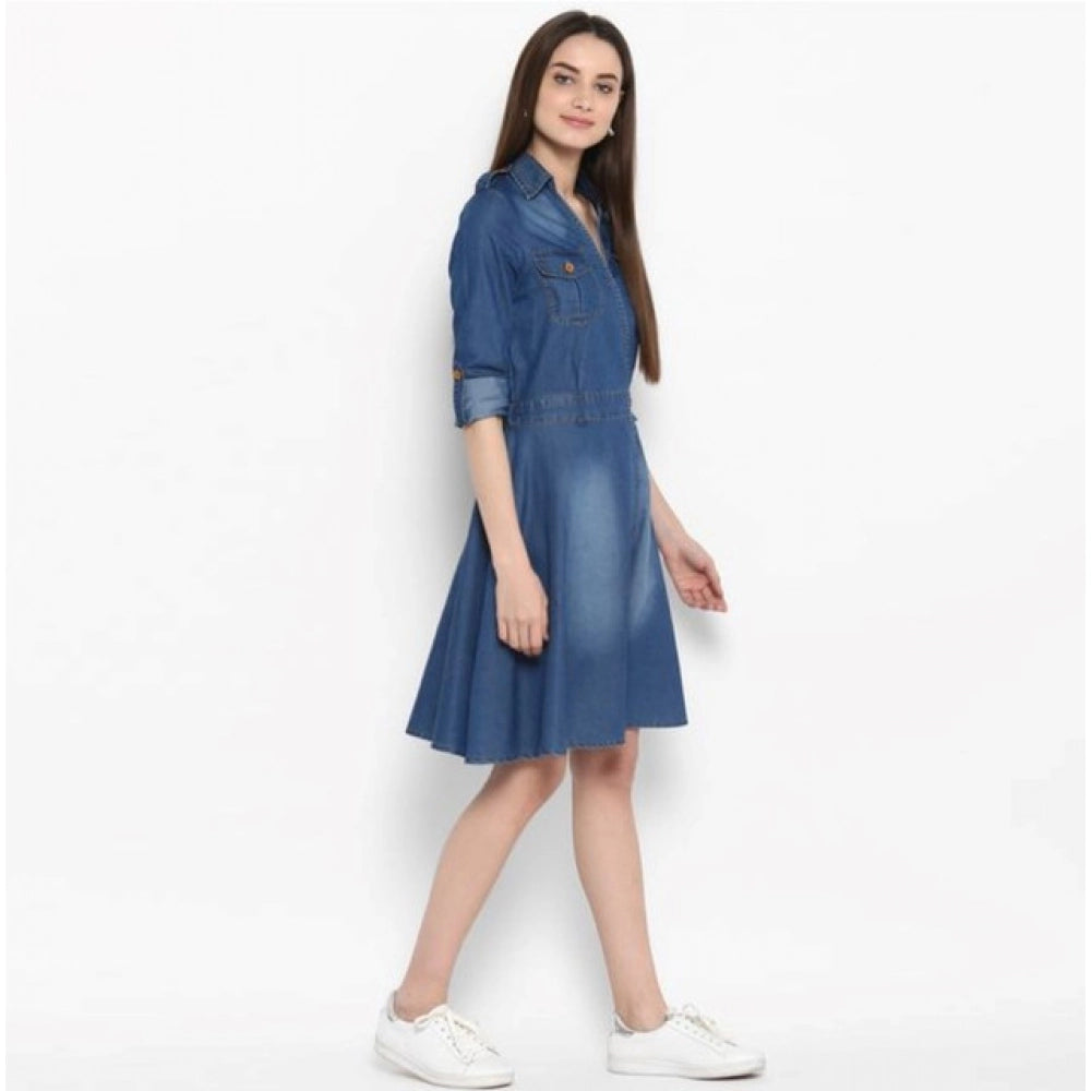 Women's Denim Solid Roll Up Sleeve Dress (Blue)