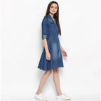 Women's Denim Solid Roll Up Sleeve Dress (Blue)