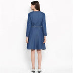Women's Denim Washed Regular Sleeves Dress (Blue)