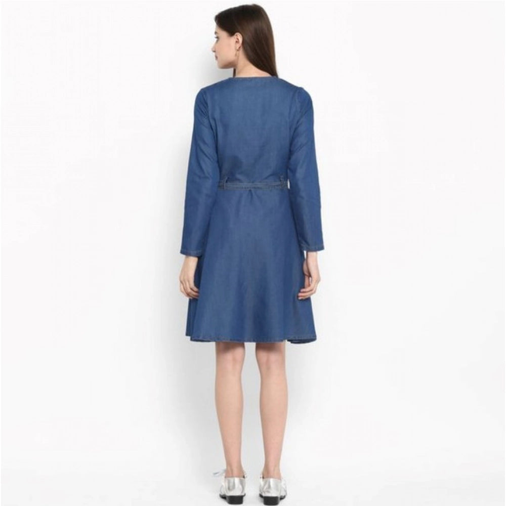 Women's Denim Washed Regular Sleeves Dress (Blue)