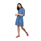 Women's Denim Solid Roll Up Sleeve Dress (Blue)