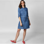 Women's Denim Solid Roll Up Sleeve Dress (Blue)