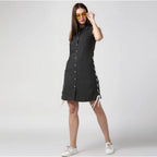 Women's Denim Solid Sleeveless Dress (Black)