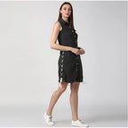 Women's Denim Solid Sleeveless Dress (Black)