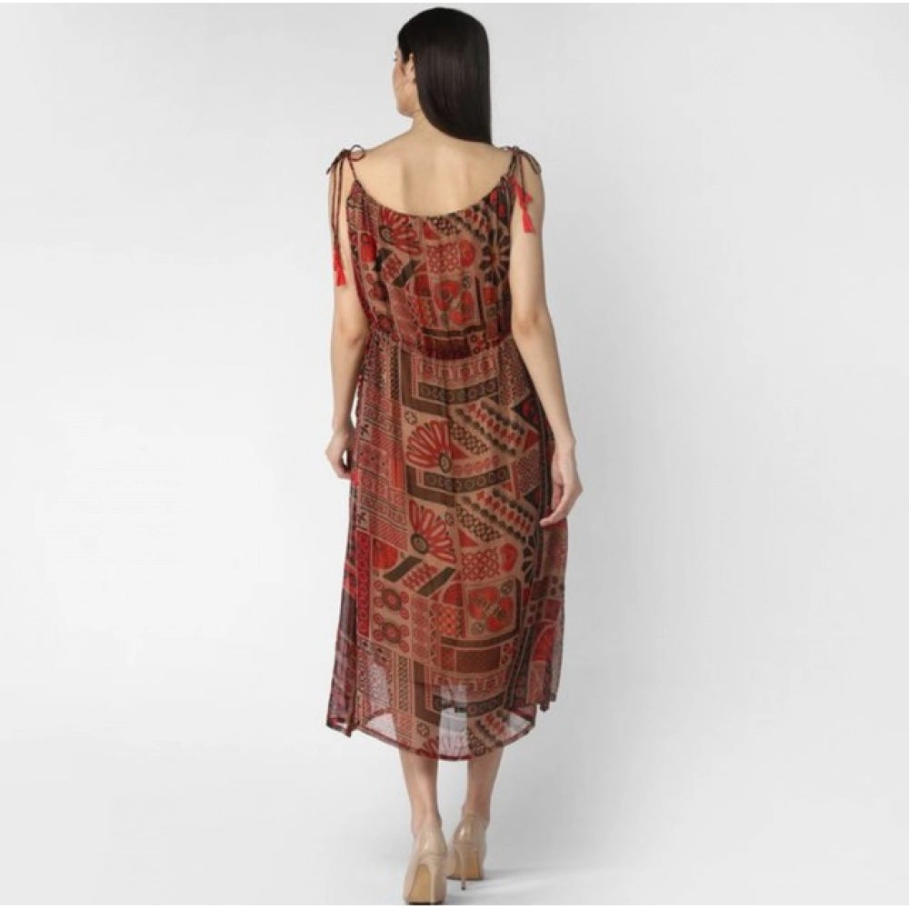 Women's Polyester Printed Shoulder Straps Dress (Maroon - Brown)