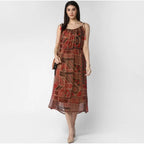 Women's Polyester Printed Shoulder Straps Dress (Maroon - Brown)