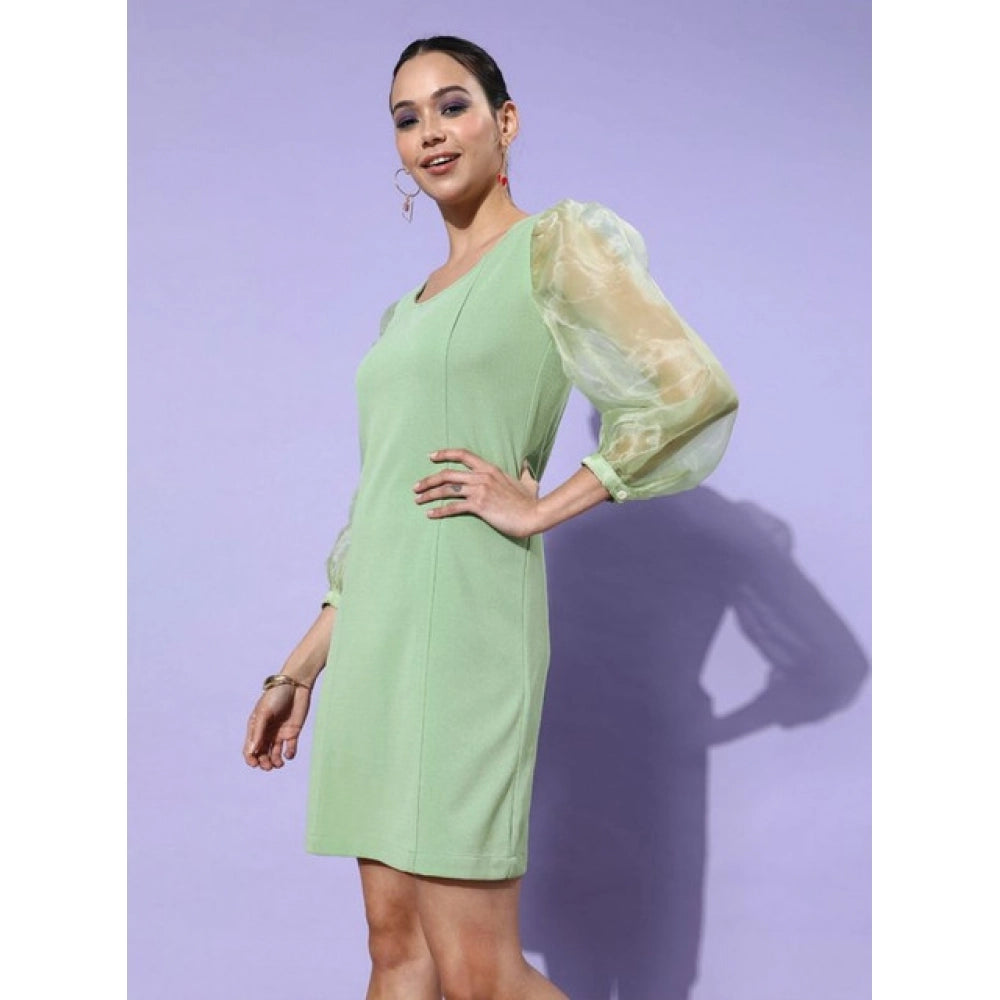 Women's Organza And Polyester Lycra Solid Long Sleeves Dress (Green)