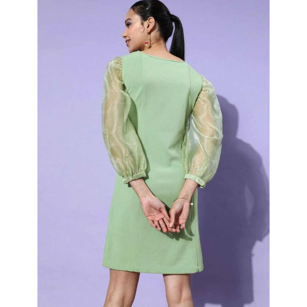 Women's Organza And Polyester Lycra Solid Long Sleeves Dress (Green)