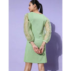 Women's Organza And Polyester Lycra Solid Long Sleeves Dress (Green)