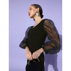 Women's Organza And Polyester Lycra Solid Long Sleeves Dress (Black)