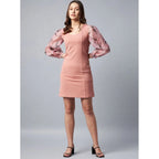 Women's Polyester Lycra And Organza Floral Balloon Sleeve Dress (Pink)