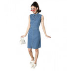 Women's Denim Solid Sleeveless Dress (Blue)