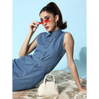 Women's Denim Solid Sleeveless Dress (Blue)