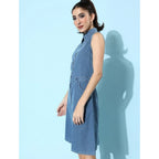 Women's Denim Solid Sleeveless Dress (Blue)
