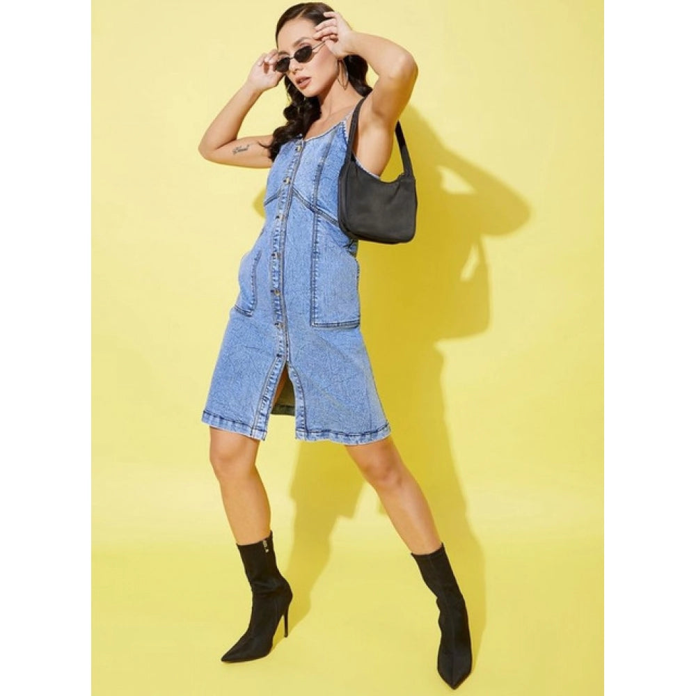 Women's Denim Solid Sleeveless Dress (Blue)
