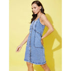 Women's Denim Solid Sleeveless Dress (Blue)