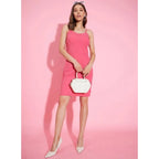 Women's Polyester Lycra Solid Shoulder Straps Dress (Pink)