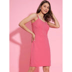 Women's Polyester Lycra Solid Shoulder Straps Dress (Pink)
