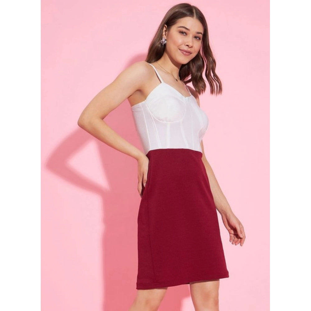Women's Polyester Lycra Color Blocking Shoulder Straps Dress (White - Maroon)