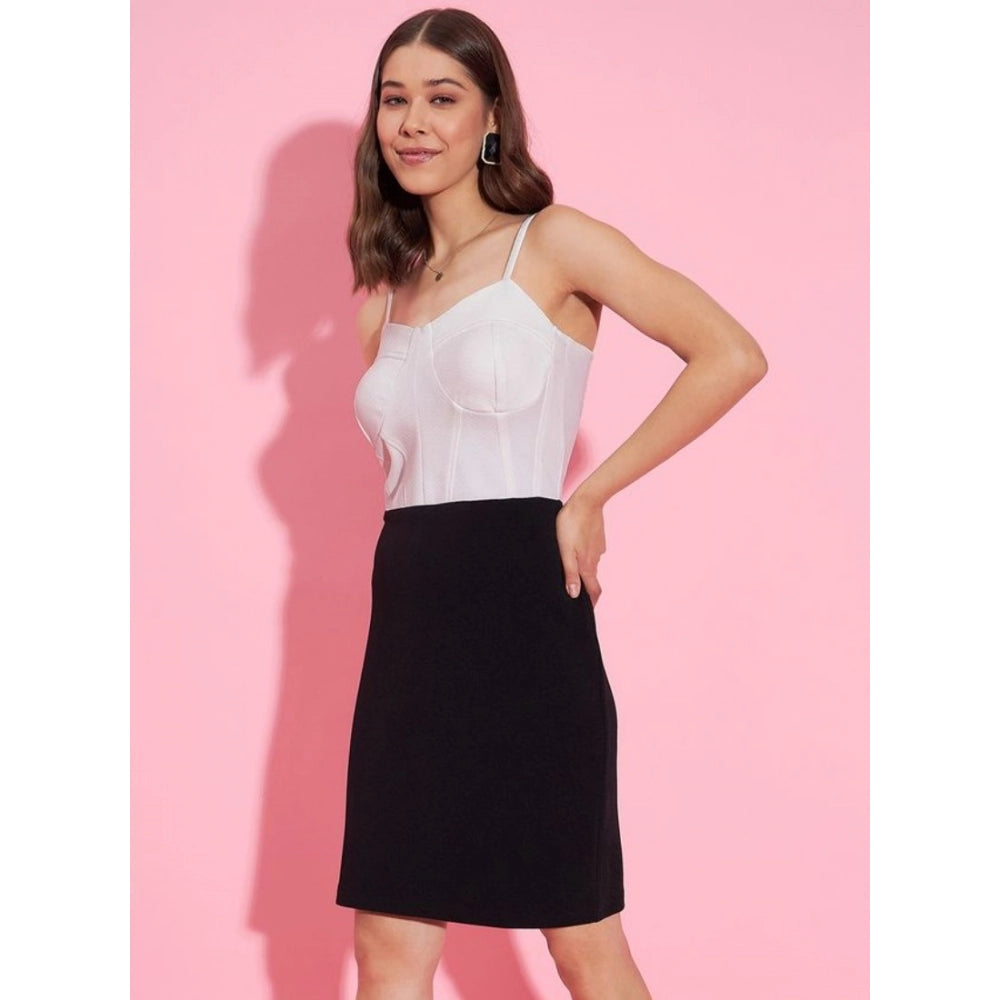Women's Polyester Lycra Color Blocking Shoulder Straps Dress (White - Black)