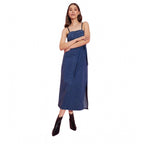 Women's Denim Solid Shoulder Straps Dress (Blue)