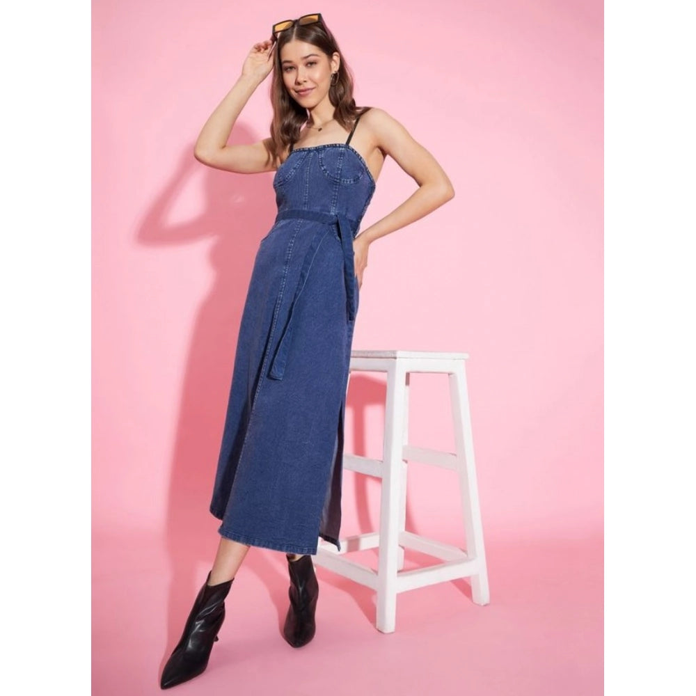 Women's Denim Solid Shoulder Straps Dress (Blue)