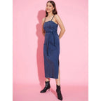 Women's Denim Solid Shoulder Straps Dress (Blue)