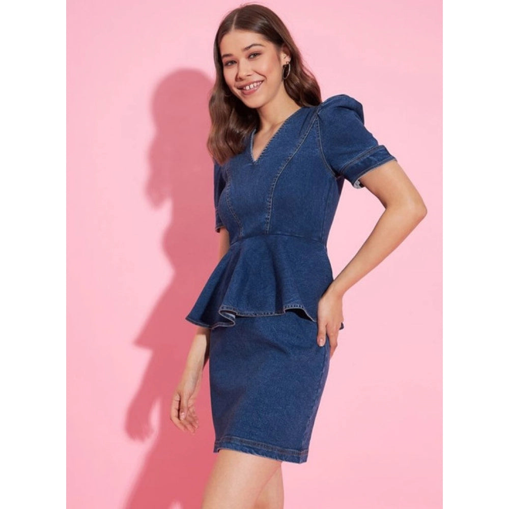 Women's Denim Solid Puff Sleeves Dress (Blue)