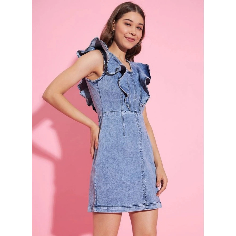 Women's Denim Solid Flutter Sleeve Dress (Blue)