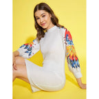 Women's Polyester Lycra Printed Long Sleeve Dress (Multicolor)